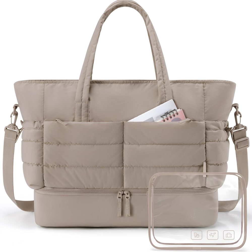 Large Travel Duffel Bag with Shoe Compartment, Puffer Carry-On Gym Weekender Bag for Women, Camel